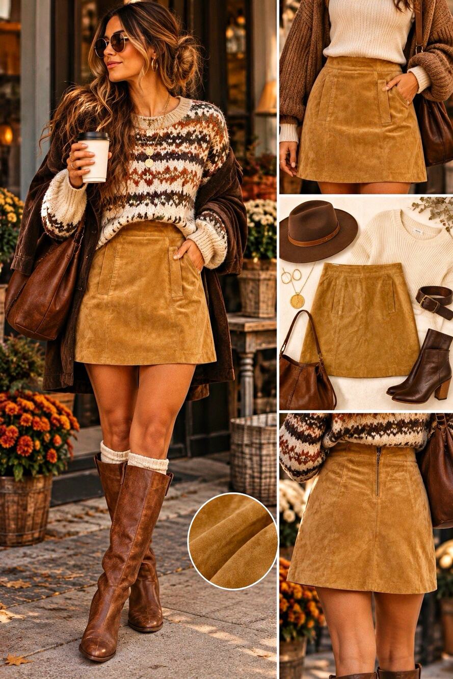 KUT from the Kloth Tan 100% Suede Leather Capsule A-Line Mini Skirt Size 6